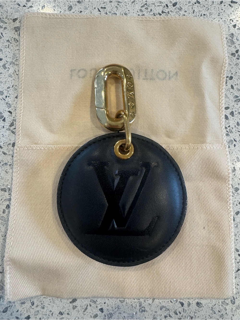 Louis Vuitton Black Leather Round LV Key & Card Holder Charm with Gold Hardware
